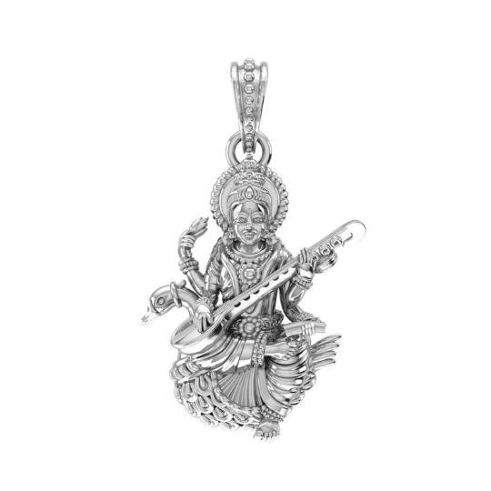 Goddess Saraswati Maa Sterling Silver Pendant - JAI HO INDIA