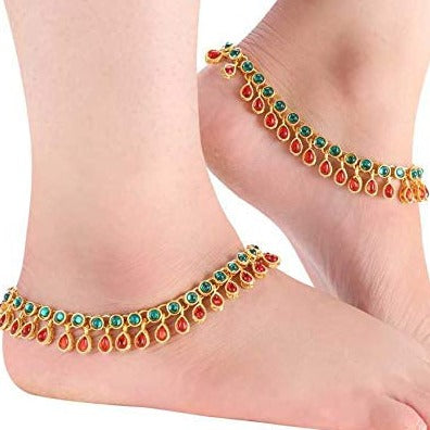 Elegant Red Green Bridal Anklets For Wedding