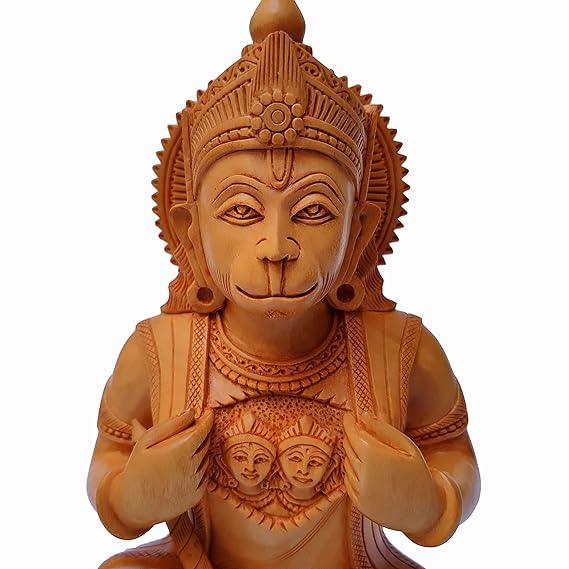 Hand Engraved Wooden Lord Hanuman Open Chest Idol 8.5 inches Wood Hanuman Statue - JAI HO INDIA