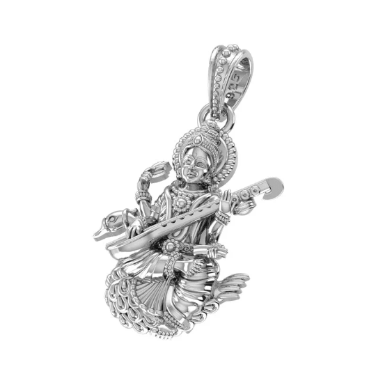 Goddess Saraswati Maa Sterling Silver Pendant - JAI HO INDIA