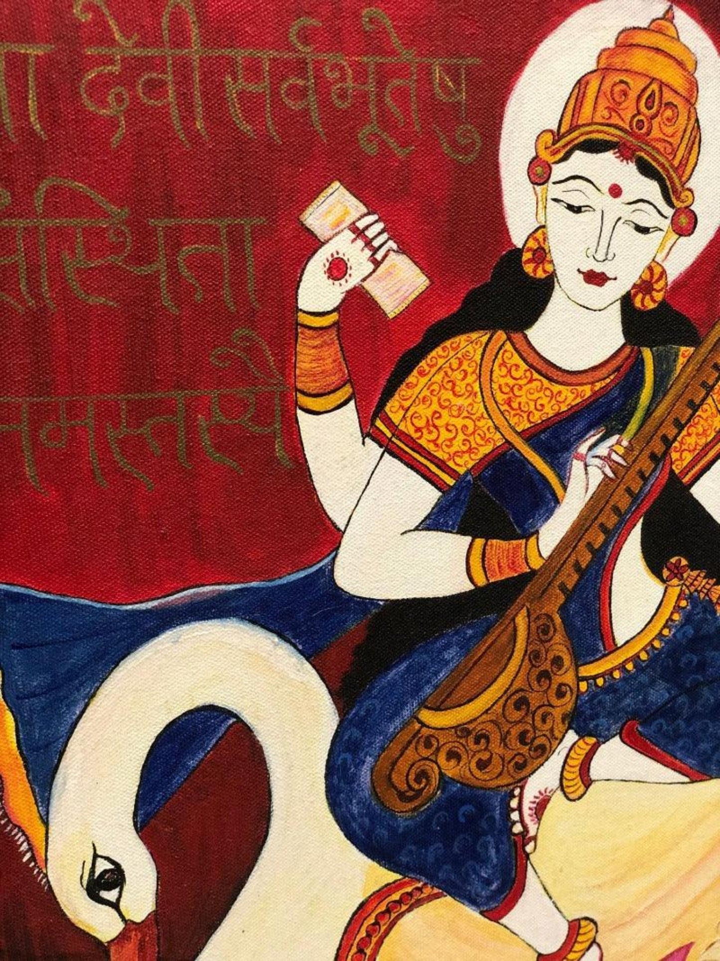 Saraswati Maa Original Painting Print 18 x 18 inches By Poonam Deepak Wadhawan - JAI HO INDIA