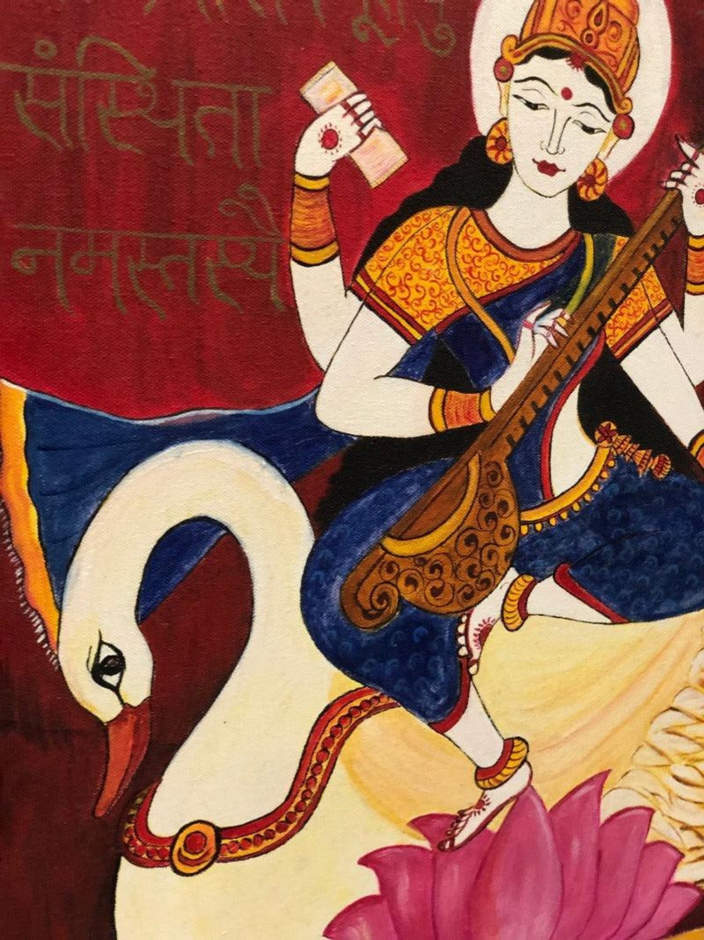 Saraswati Maa Original Painting Print 18 x 18 inches By Poonam Deepak Wadhawan - JAI HO INDIA