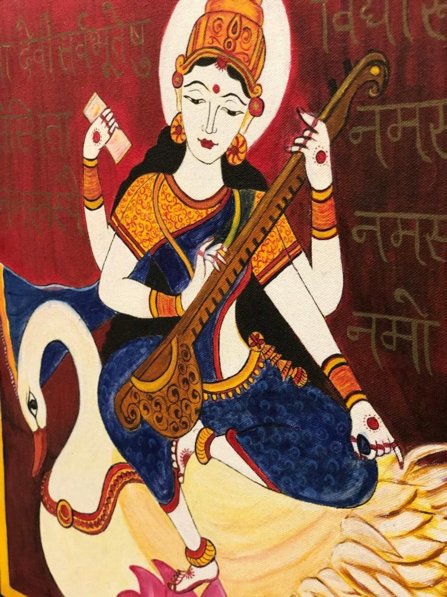 Saraswati Maa Original Painting Print 18 x 18 inches By Poonam Deepak Wadhawan - JAI HO INDIA