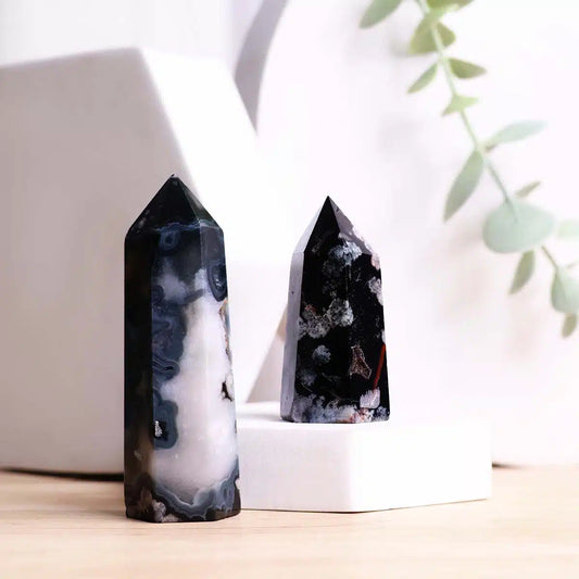 Black Flower Agate Crystal In Pencil Point