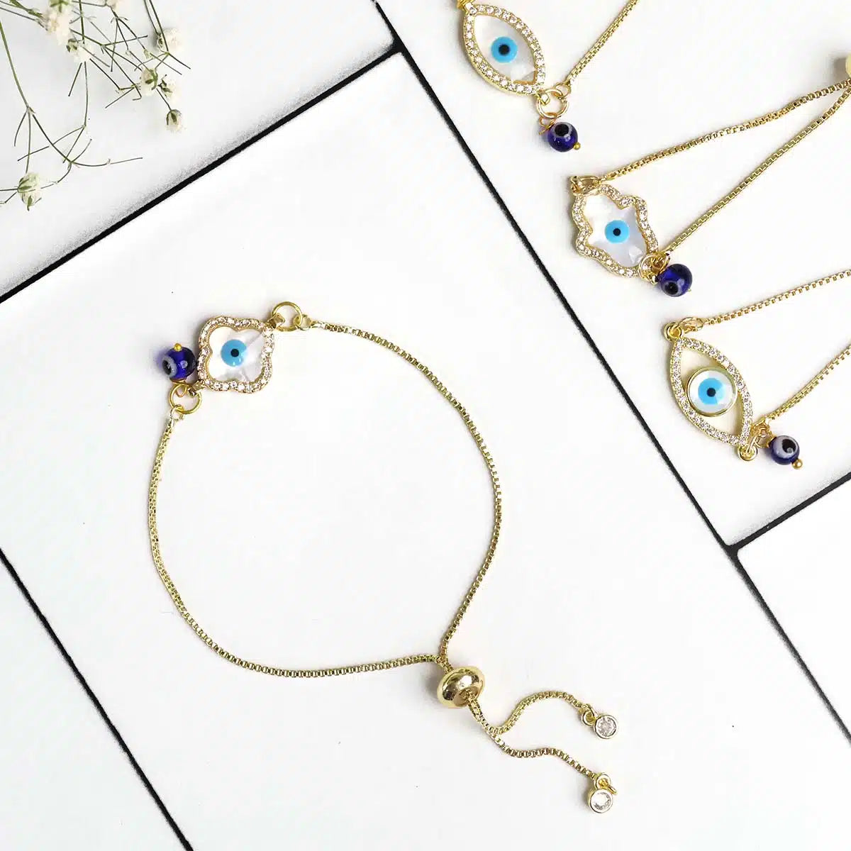 Evil Eye Pearl Charm Chain Bracelet