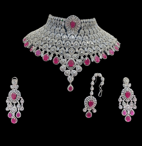 Heavy Pink American Diamond Jewelry Set For Wedding