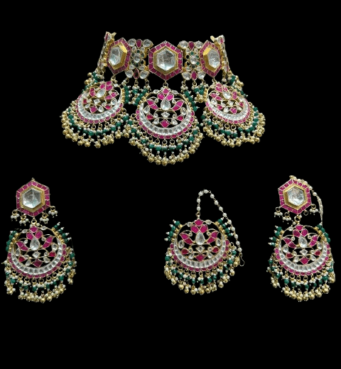 Pink Green Bridal Kundan Jewelry Set For Wedding - JAI HO INDIA