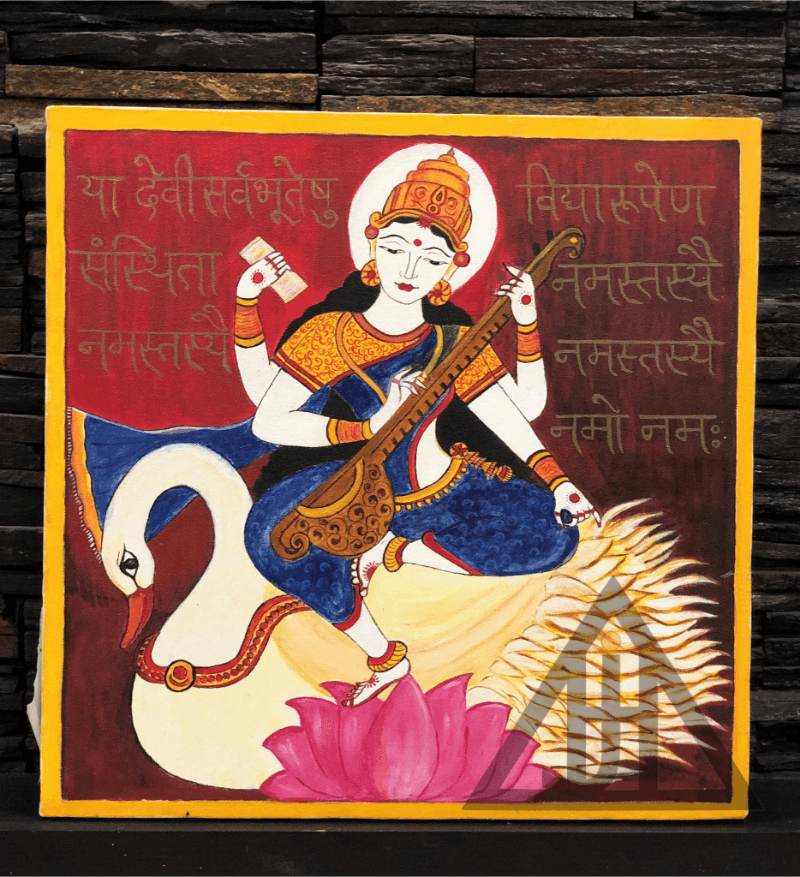 Saraswati Maa Original Painting Print 18 x 18 inches By Poonam Deepak Wadhawan - JAI HO INDIA