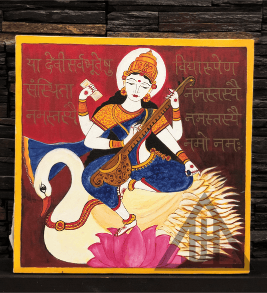 Saraswati Maa Original Painting Print 18 x 18 inches By Poonam Deepak Wadhawan - JAI HO INDIA