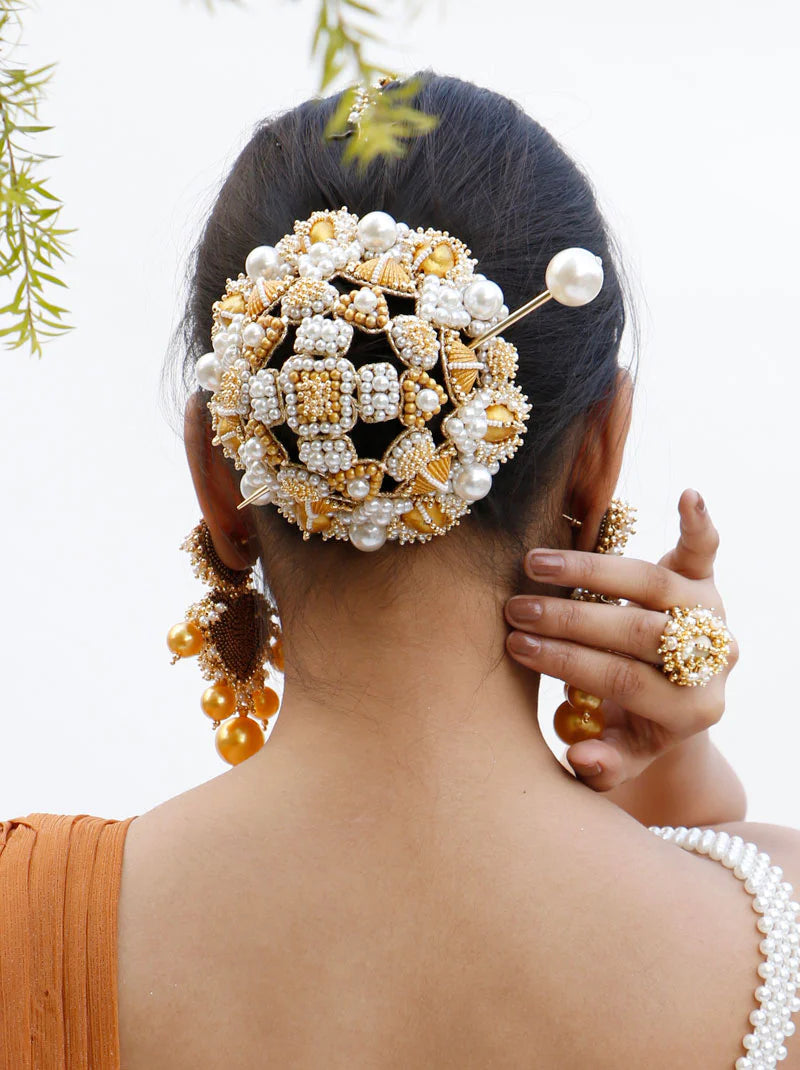 Traditional Golden White Pearl Hair Bun