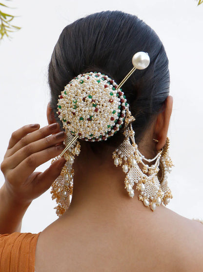 Red Green Pearl Hair Bun Gajra