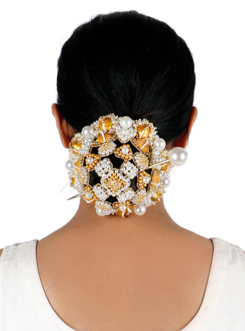 Traditional Golden White Pearl Hair Bun