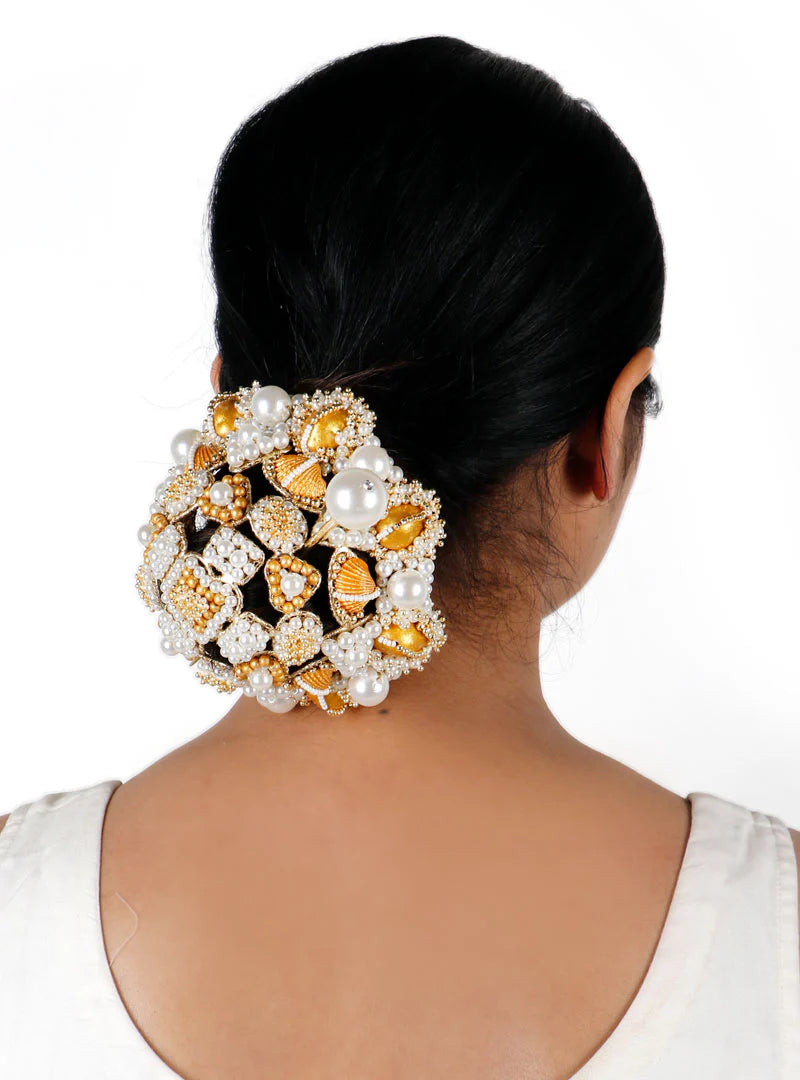 Traditional Golden White Pearl Hair Bun