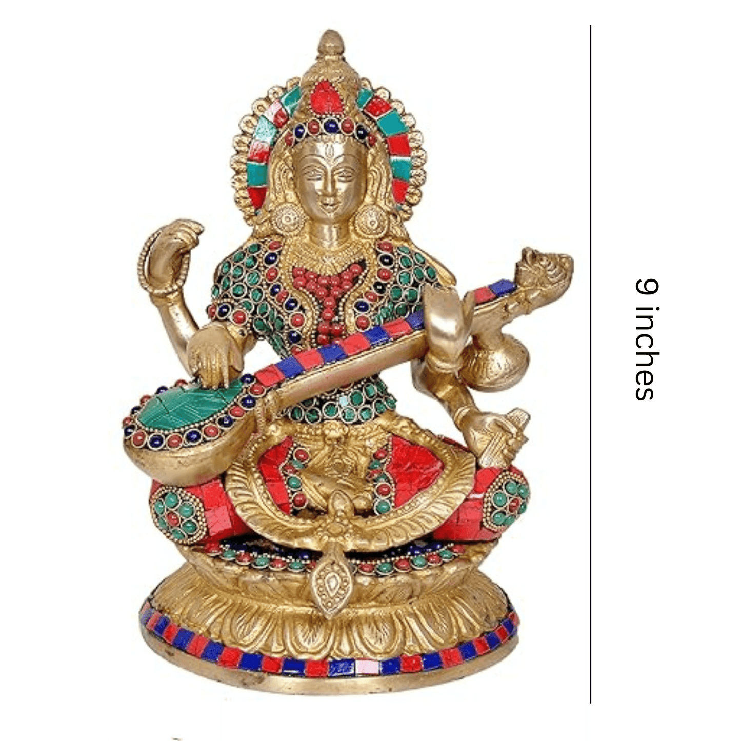 Brass Goddess Saraswati Idol Mosaic Stones Hindu Goddess Saraswati Maa Decorative Showpiece 9 inches - JAI HO INDIA