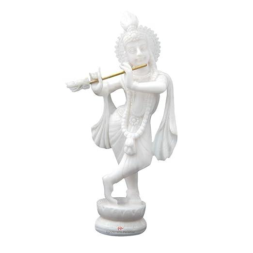 Lord Krishna Playing Flute Idol 5.5 inches Krishna Statue In White - JAI HO INDIA