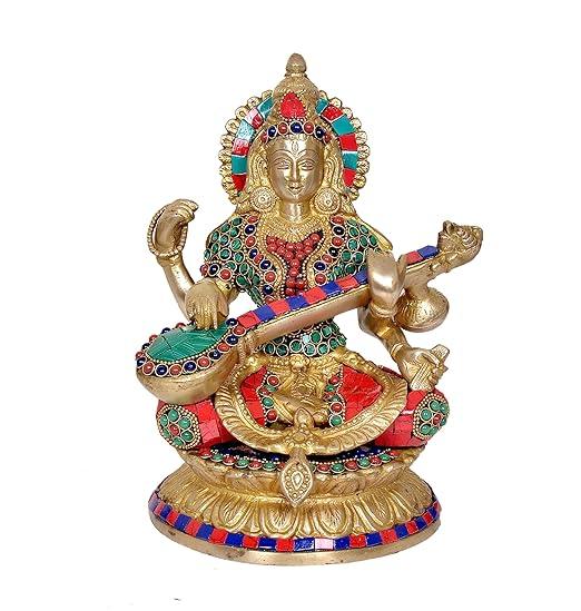 Brass Goddess Saraswati Idol Mosaic Stones Hindu Goddess Saraswati Maa Decorative Showpiece 9 inches - JAI HO INDIA
