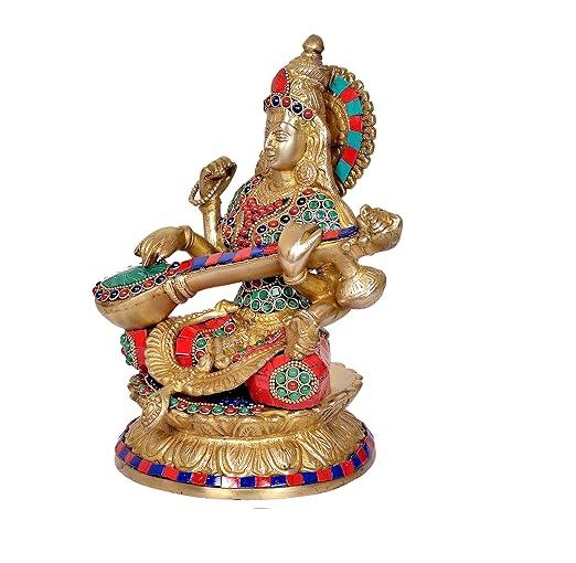 Brass Goddess Saraswati Idol Mosaic Stones Hindu Goddess Saraswati Maa Decorative Showpiece 9 inches - JAI HO INDIA