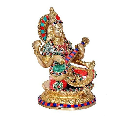 Brass Goddess Saraswati Idol Mosaic Stones Hindu Goddess Saraswati Maa Decorative Showpiece 9 inches - JAI HO INDIA