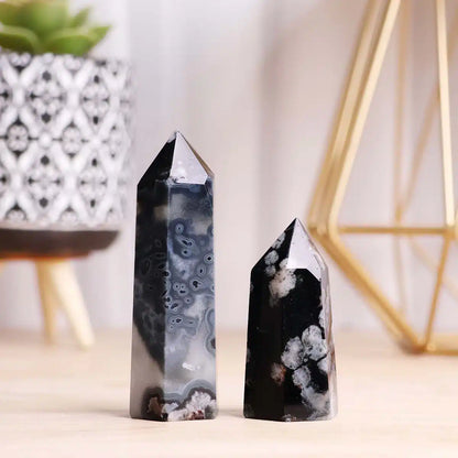 Black Flower Agate Crystal In Pencil Point