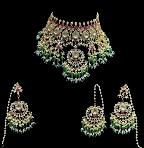 Green Pink Bridal Kundan Jewelry Set
