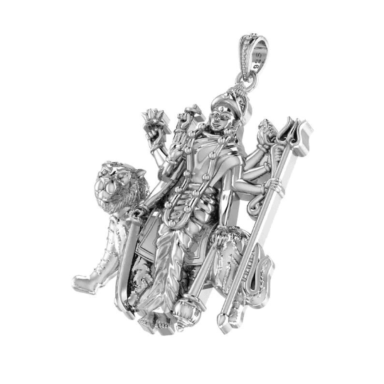 Goddess Durga On Lion Sterling Silver Pendant - JAI HO INDIA