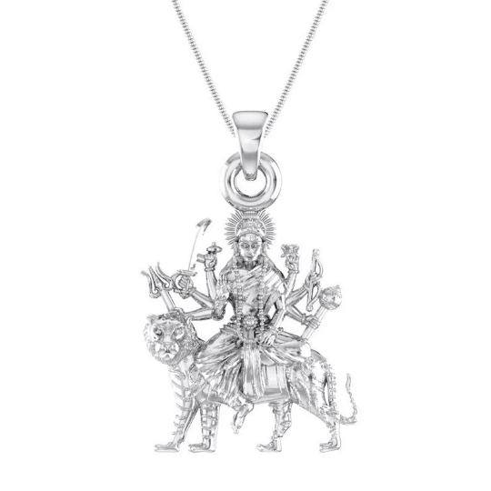 Goddess Durga Maa On Lion Sterling Silver Pendant - JAI HO INDIA