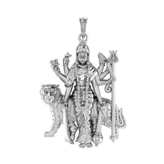 Goddess Durga On Lion Sterling Silver Pendant - JAI HO INDIA